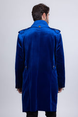 Barabas Wholesale Men's Solid Color Velvet Antique Buttons Long Blazer 5LBL01 Blue