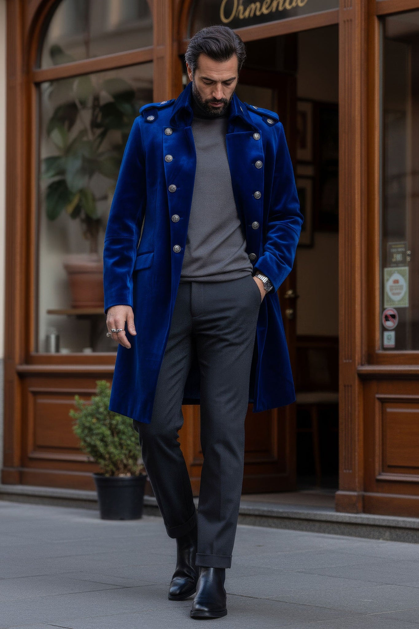 Barabas Wholesale Men's Solid Color Velvet Antique Buttons Long Blazer 5LBL01 Blue