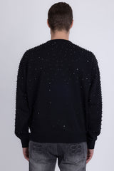 Barabas Men's Rhinestone Crew Neck Stretch Cardigan Sweater 5LSR01 Black