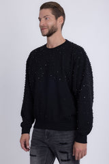 Barabas Men's Rhinestone Crew Neck Stretch Cardigan Sweater 5LSR01 Black