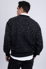 Barabas Men's Rhinestone Crew Neck Stretch Cardigan Sweater 5LSR01 Black Silver