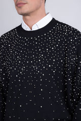 Barabas Wholesale Men's Rhinestone Crew Neck Stretch Cardigan Sweater 5LSR01 Black Silver