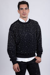 Barabas Men's Rhinestone Crew Neck Stretch Cardigan Sweater 5LSR01 Black Silver
