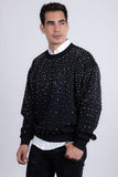Barabas Wholesale Men's Rhinestone Crew Neck Stretch Cardigan Sweater 5LSR01 Black Silver