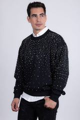 Barabas Men's Rhinestone Crew Neck Stretch Cardigan Sweater 5LSR01 Black Silver