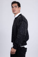 Barabas Men's Rhinestone Crew Neck Stretch Cardigan Sweater 5LSR01 Black Silver