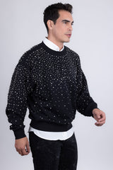 Barabas Men's Rhinestone Crew Neck Stretch Cardigan Sweater 5LSR01 Black Silver
