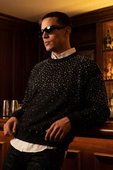 Barabas Wholesale Men's Rhinestone Crew Neck Stretch Cardigan Sweater 5LSR01 Black SIlver