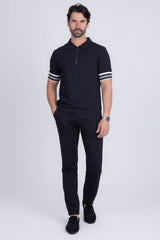 Barabas Men's Solid Geometric Linear Sleeve Stretch Polo Shirts 5P09 Black 