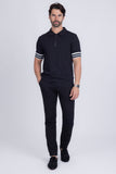 Barabas Men's Solid Geometric Linear Sleeve Stretch Polo Shirts 5P09 Black 
