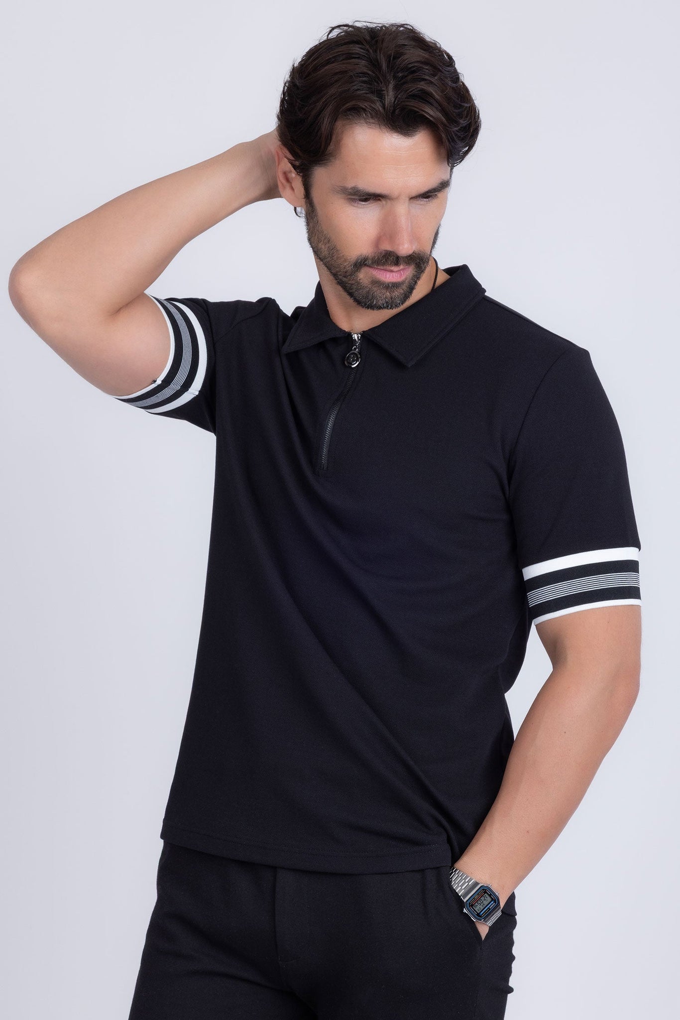 Barabas Wholesale Men's Solid Geometric Linear Sleeve Stretch Polo Shirts 5P09 Black 