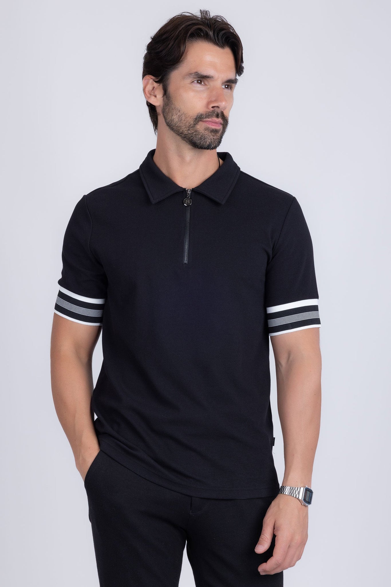 Barabas Wholesale Men's Solid Geometric Linear Sleeve Stretch Polo Shirts 5P09 Black 