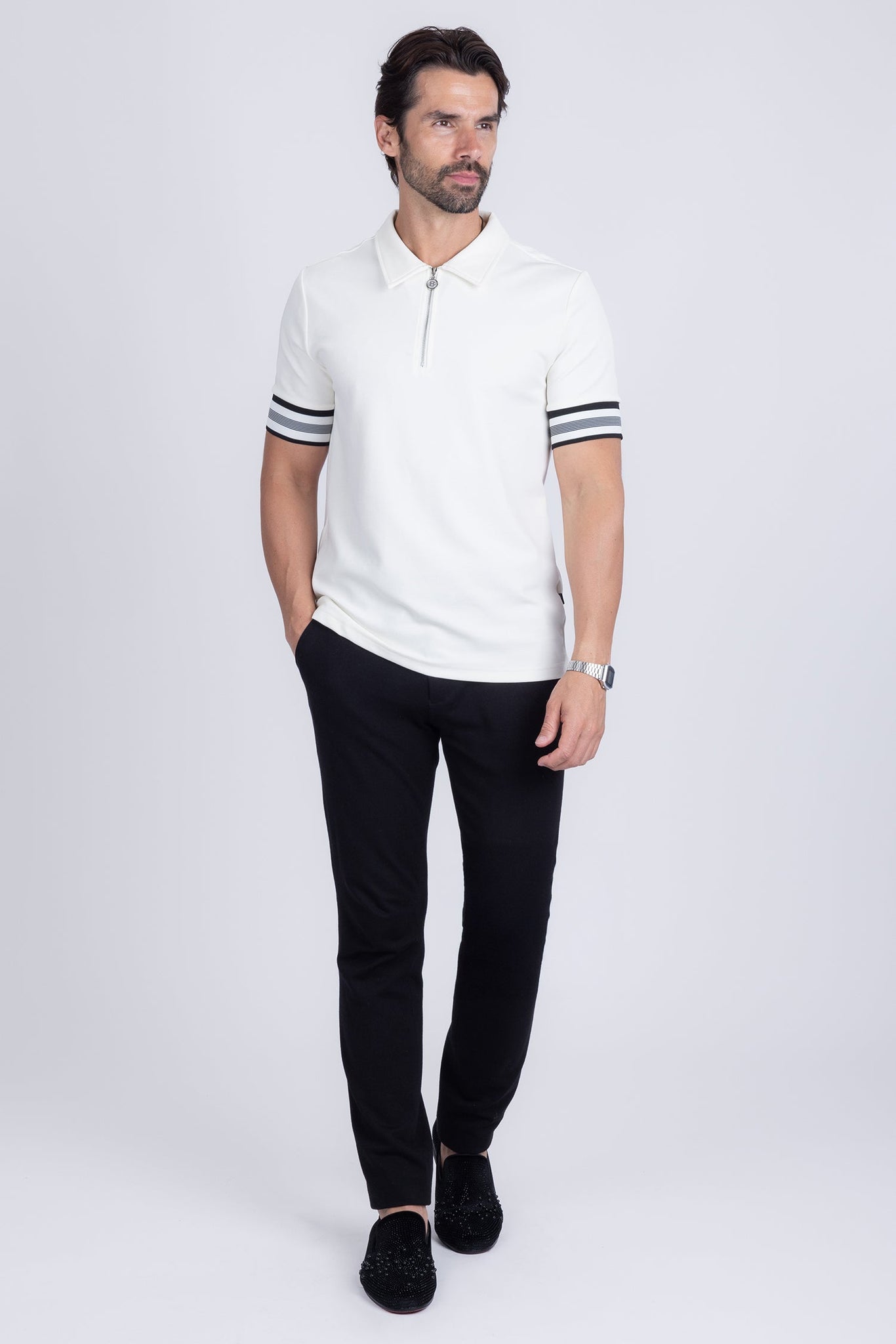 Barabas Wholesale Men's Solid Geometric Linear Sleeve Stretch Polo Shirts 5P09 White