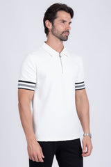 Barabas Wholesale Men's Solid Geometric Linear Sleeve Stretch Polo Shirts 5P09 White