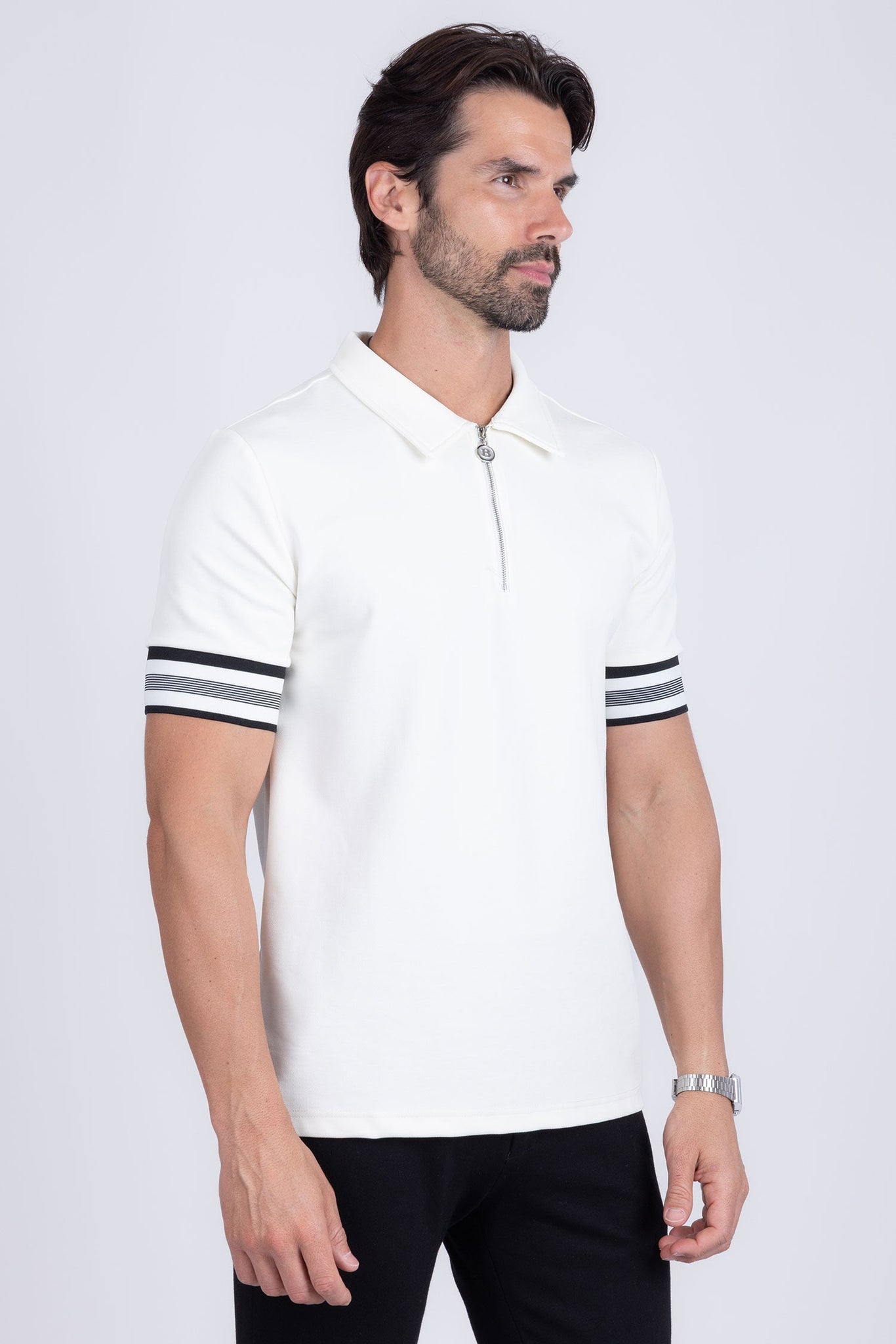 Barabas Wholesale Men's Solid Geometric Linear Sleeve Stretch Polo Shirts 5P09 White
