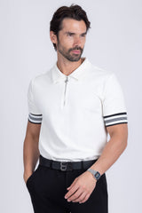 Barabas Wholesale Men's Solid Geometric Linear Sleeve Stretch Polo Shirts 5P09 White