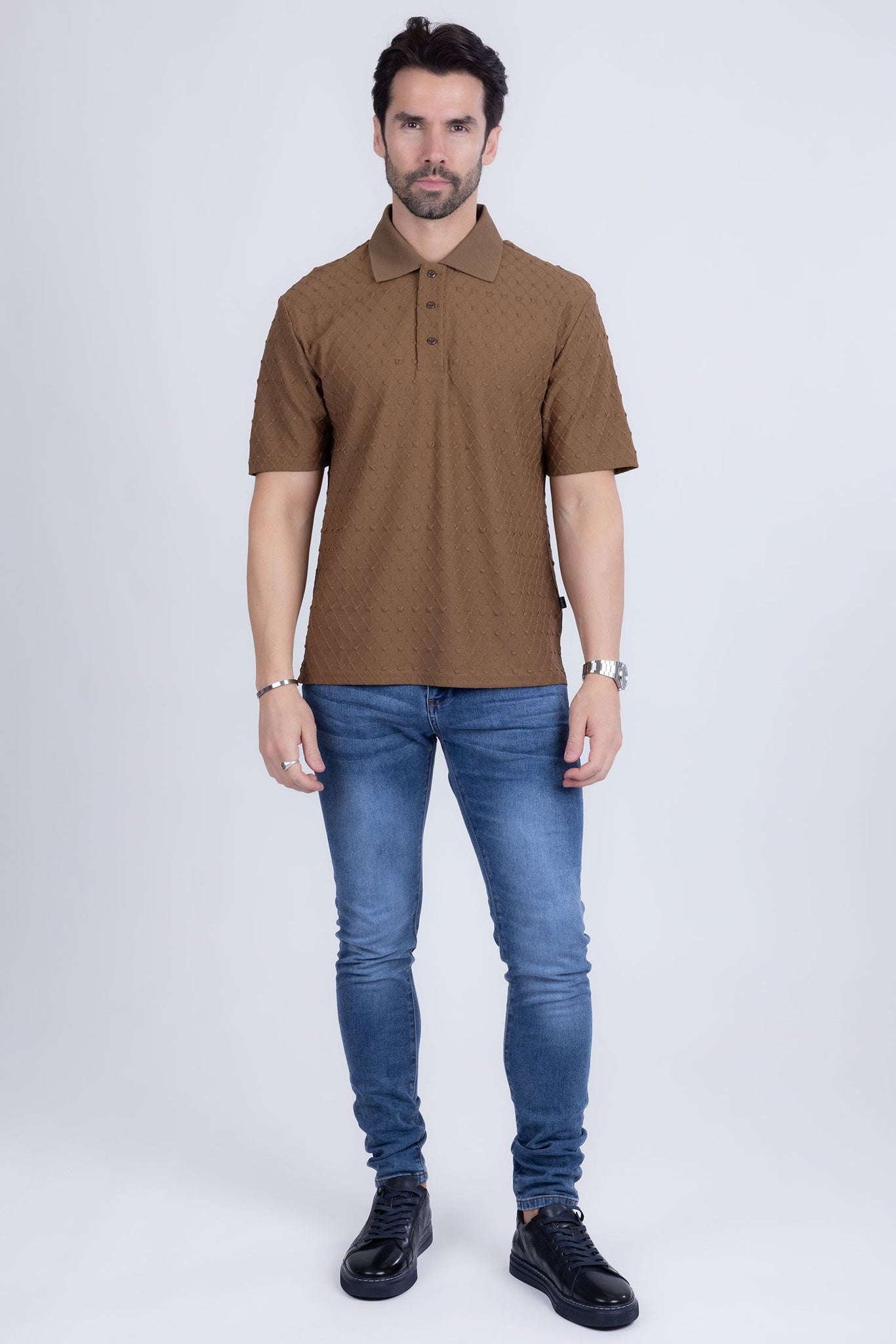 Barabas Wholesale Men's Solid Color Diamond Premium Stretch Polo Shirts 5P11 Tobacco Brown