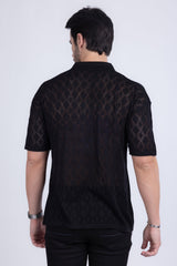 Barabas Wholesale Men's Geometric Premium Stretch See Through Polo Shirts 5P12 Black