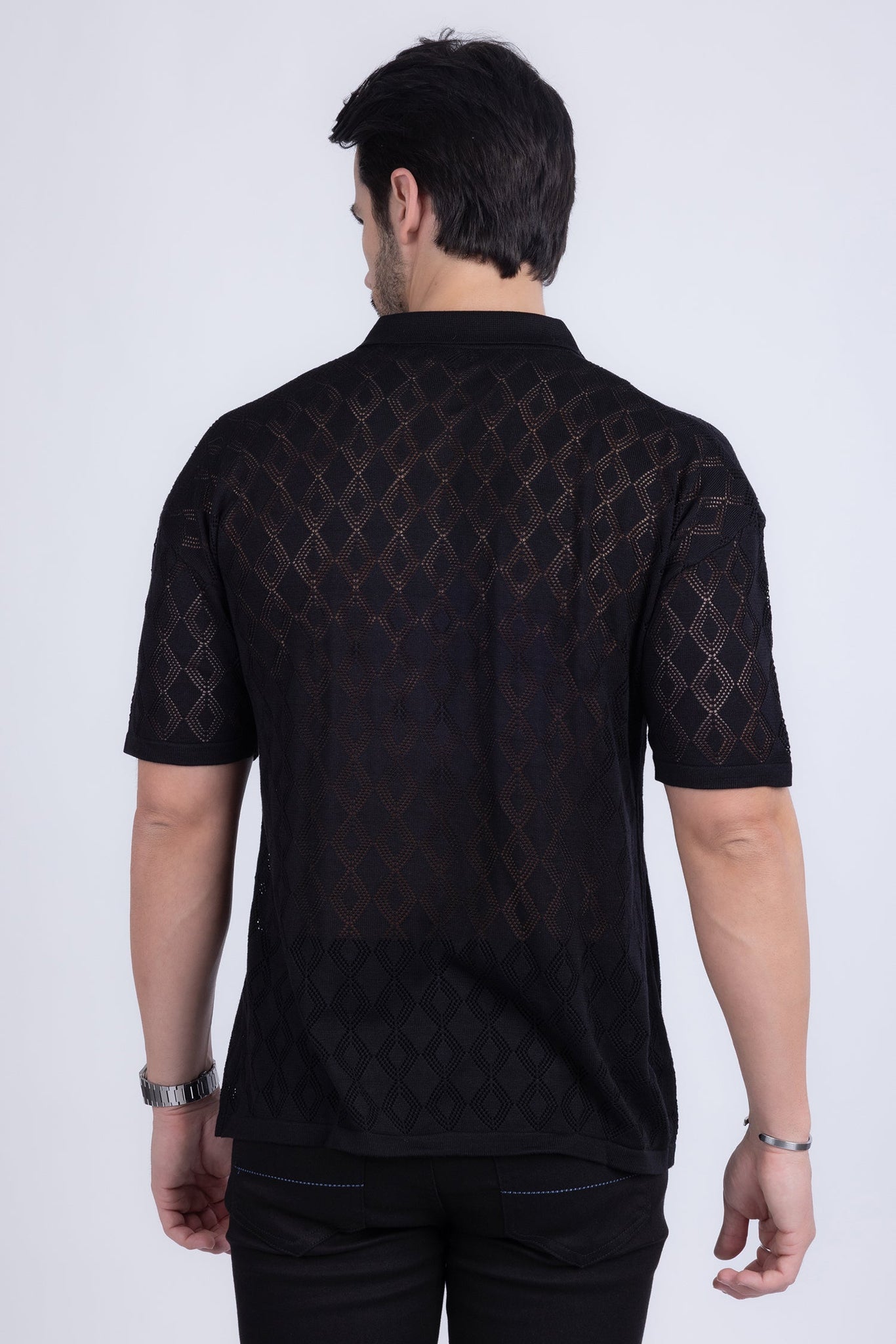 Barabas Wholesale Men's Geometric Premium Stretch See Through Polo Shirts 5P12 Black