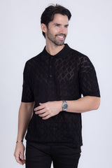 Barabas Wholesale Men's Geometric Premium Stretch See Through Polo Shirts 5P12 Black