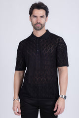 Barabas Wholesale Men's Geometric Premium Stretch See Through Polo Shirts 5P12 Black