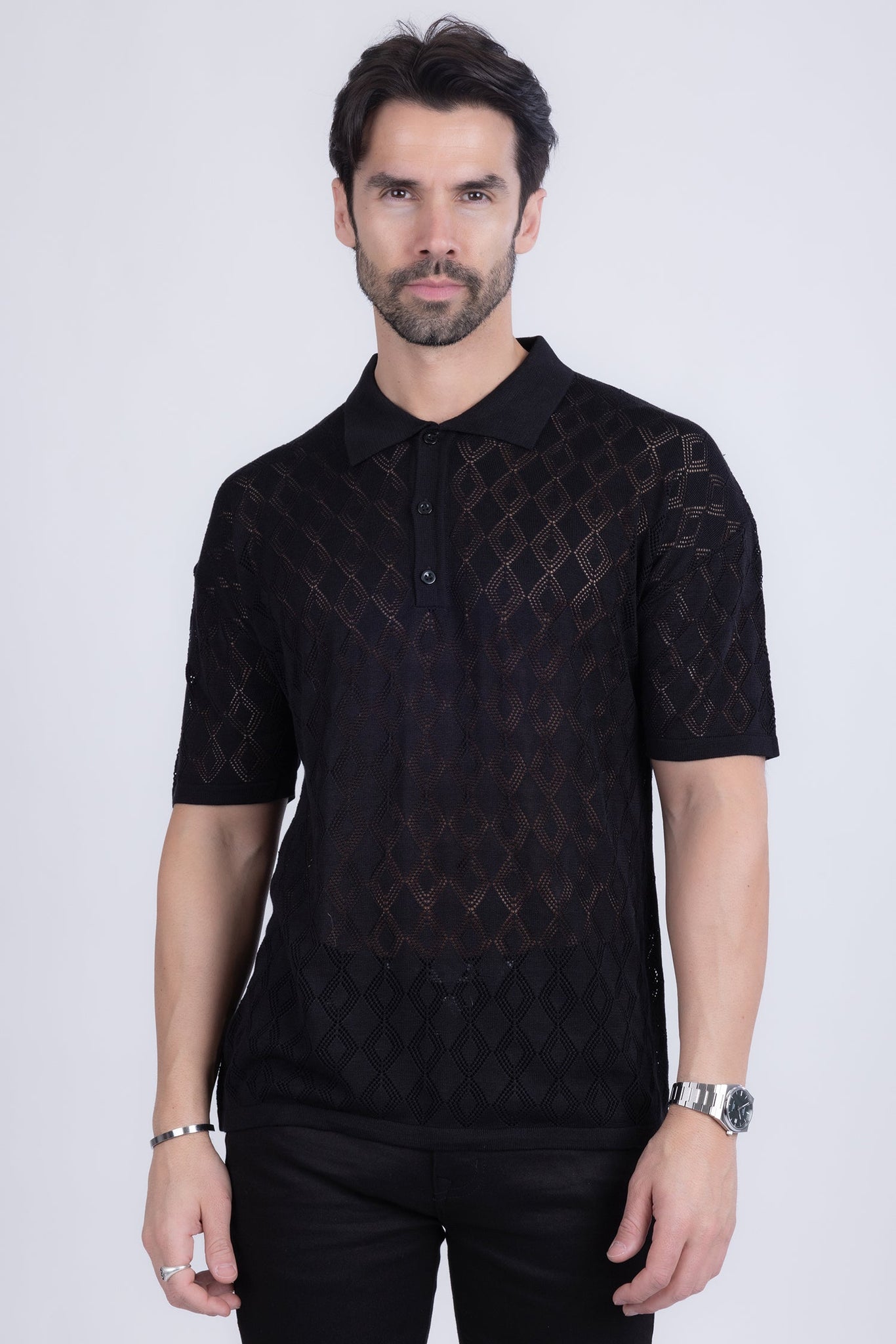 Barabas Wholesale Men's Geometric Premium Stretch See Through Polo Shirts 5P12 Black