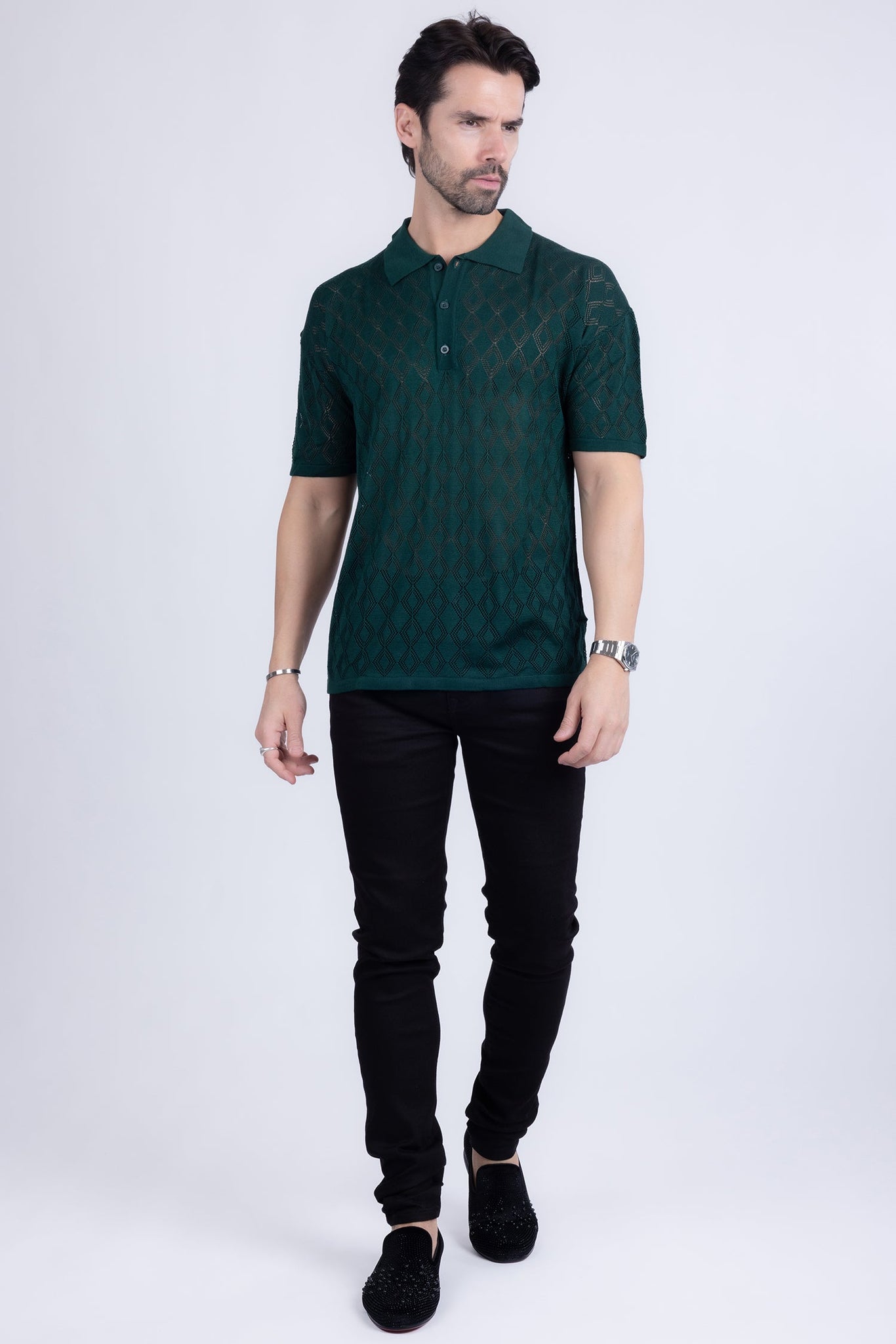 Barabas Wholesale Men's Geometric Premium Stretch See Through Polo Shirts 5P12 Green