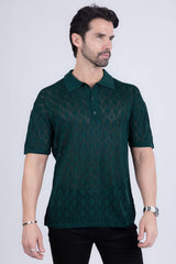 Barabas Wholesale Men's Geometric Premium Stretch See Through Polo Shirts 5P12 Green
