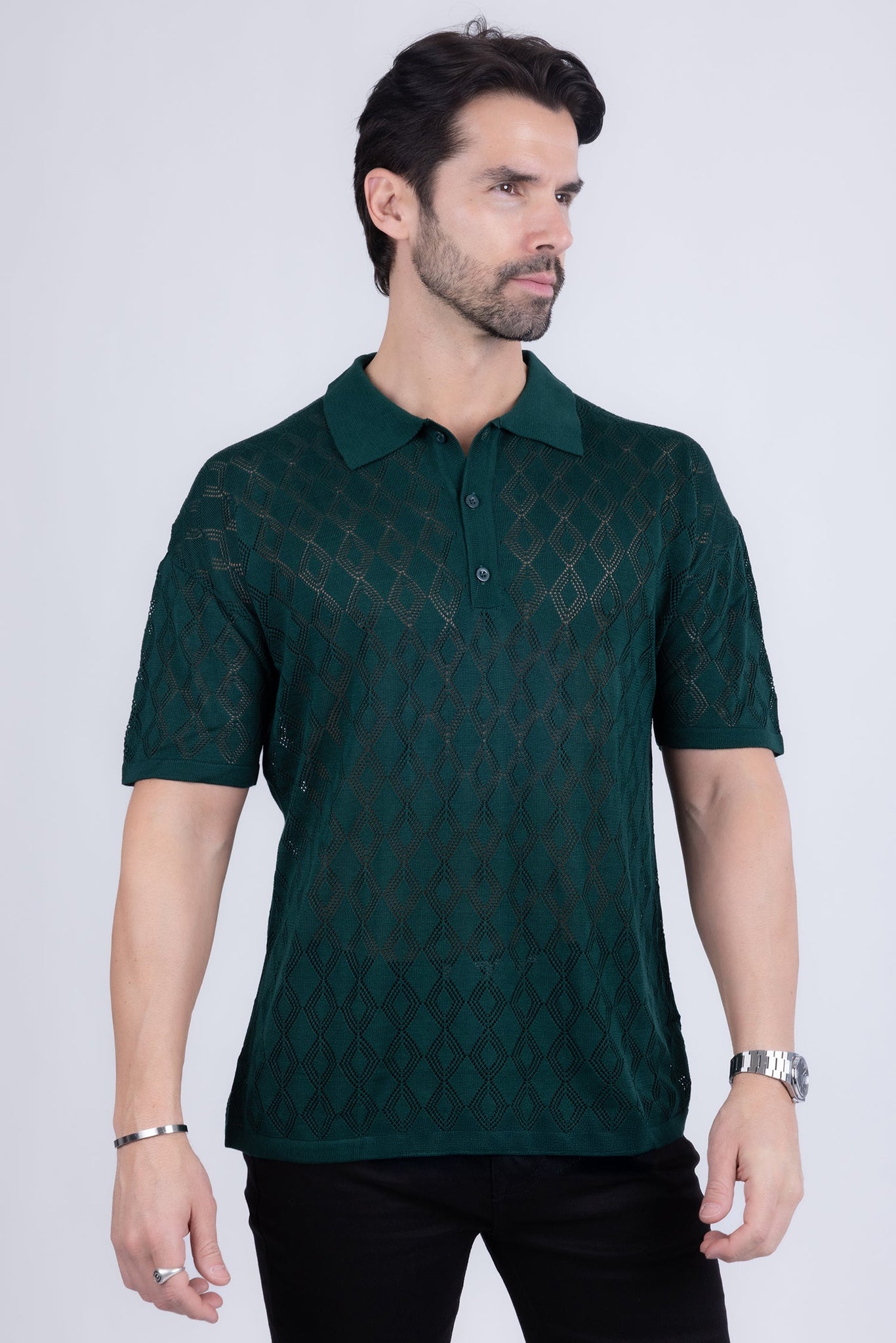Barabas Wholesale Men's Geometric Premium Stretch See Through Polo Shirts 5P12 Green
