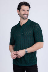 Barabas Wholesale Men's Geometric Premium Stretch See Through Polo Shirts 5P12 Emerald