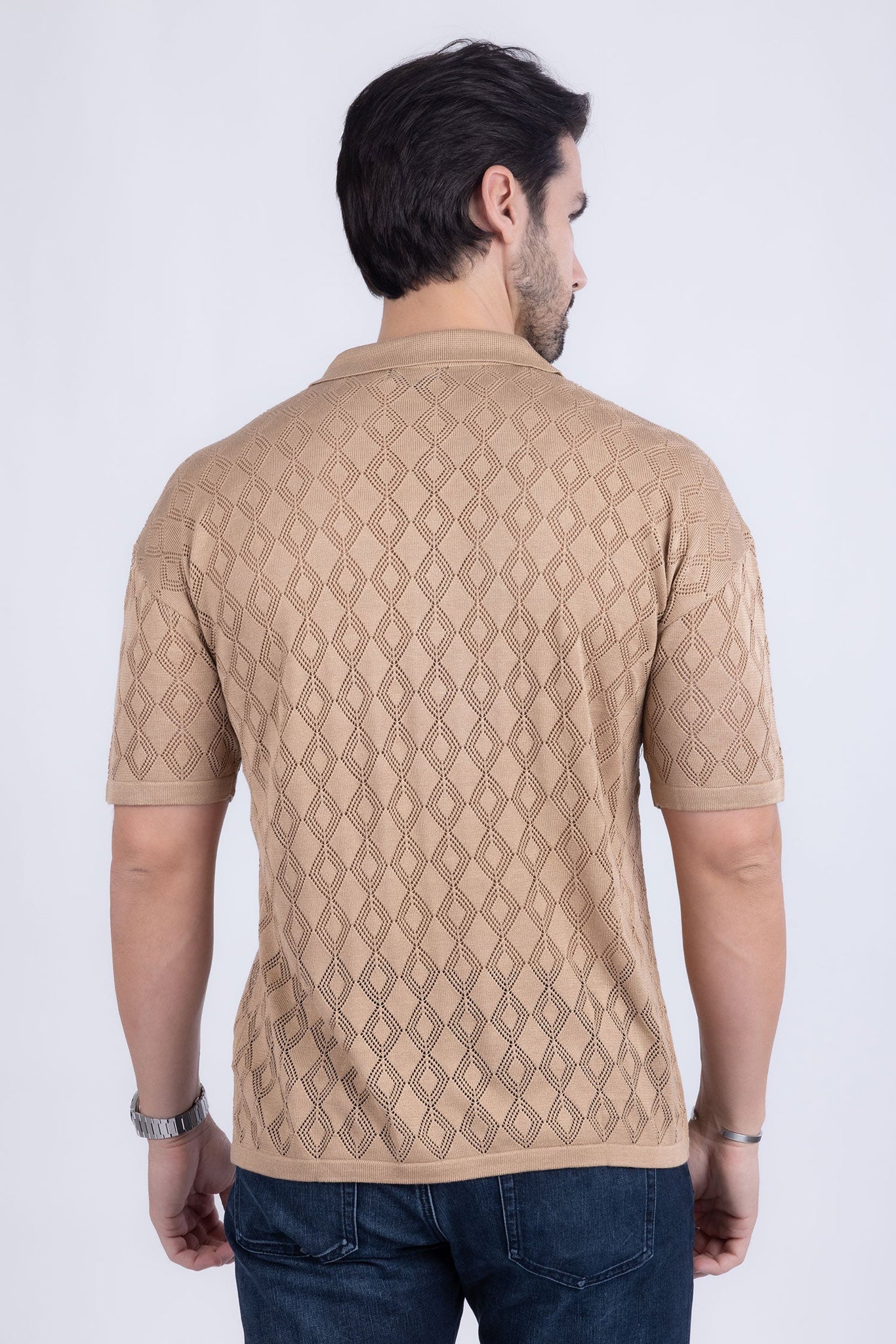 Barabas Wholesale Men's Geometric Premium Stretch See Through Polo Shirts 5P12 Mocha