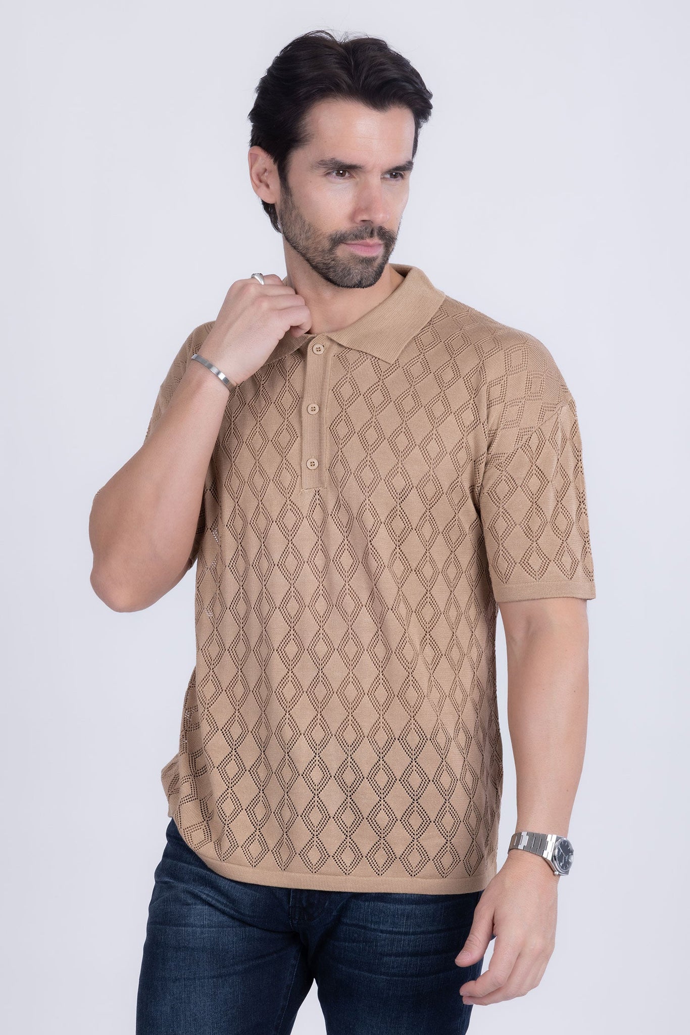 Barabas Wholesale Men's Geometric Premium Stretch See Through Polo Shirts 5P12 Brown
