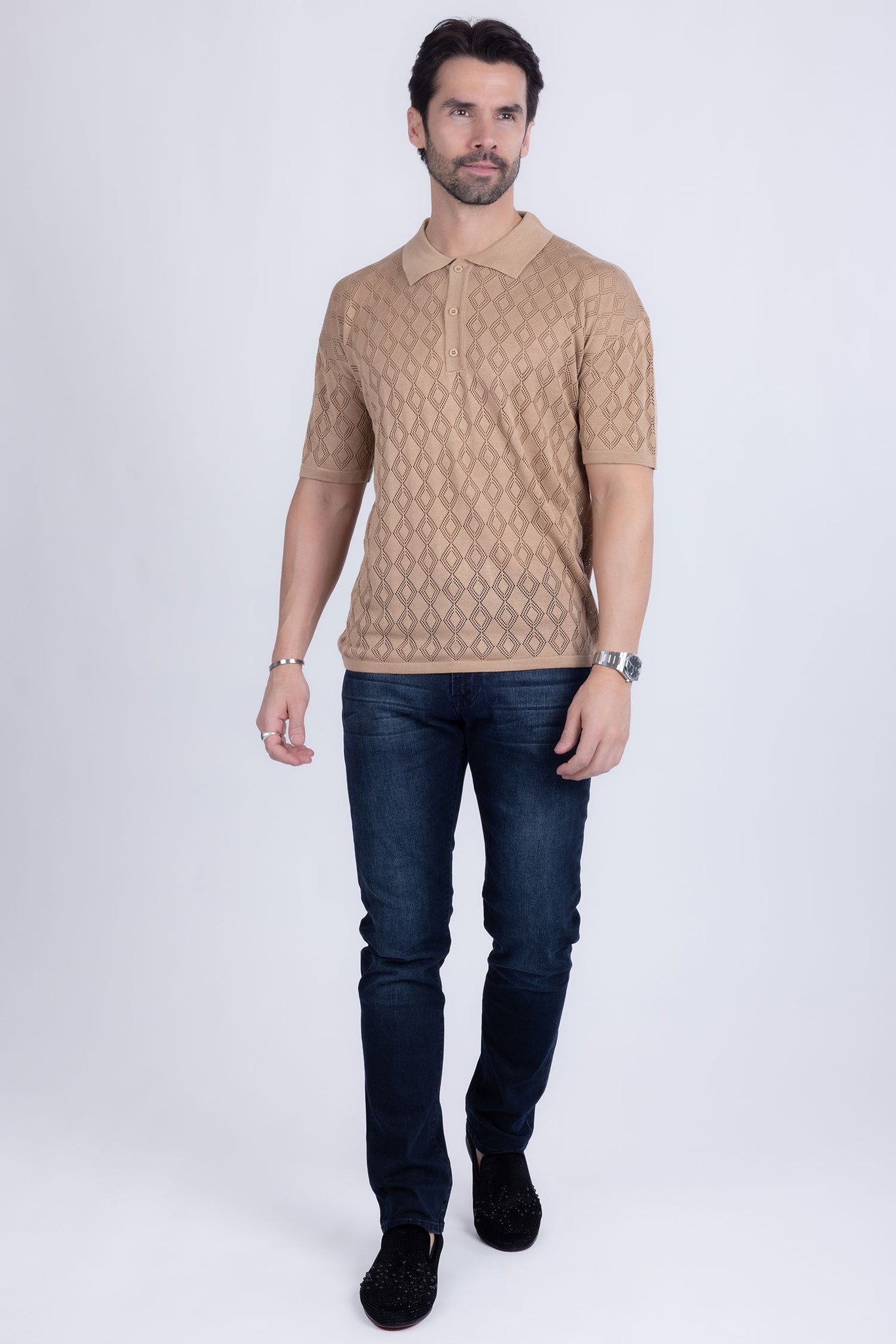 Barabas Wholesale Men's Geometric Premium Stretch See Through Polo Shirts 5P12 Brown