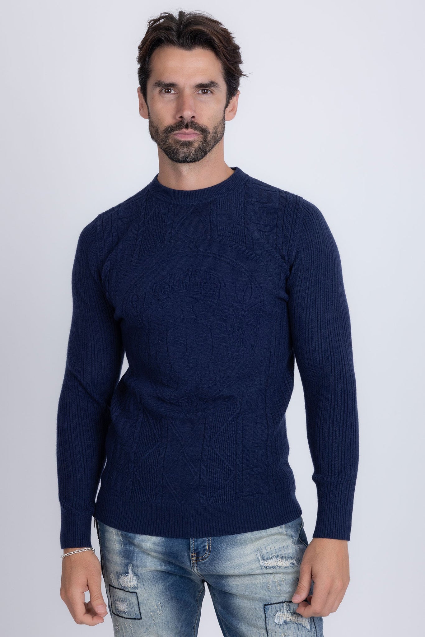 Barabas Wholesale Men's Embroidered Medusa Stretch Sweater 5PLS01 Navy