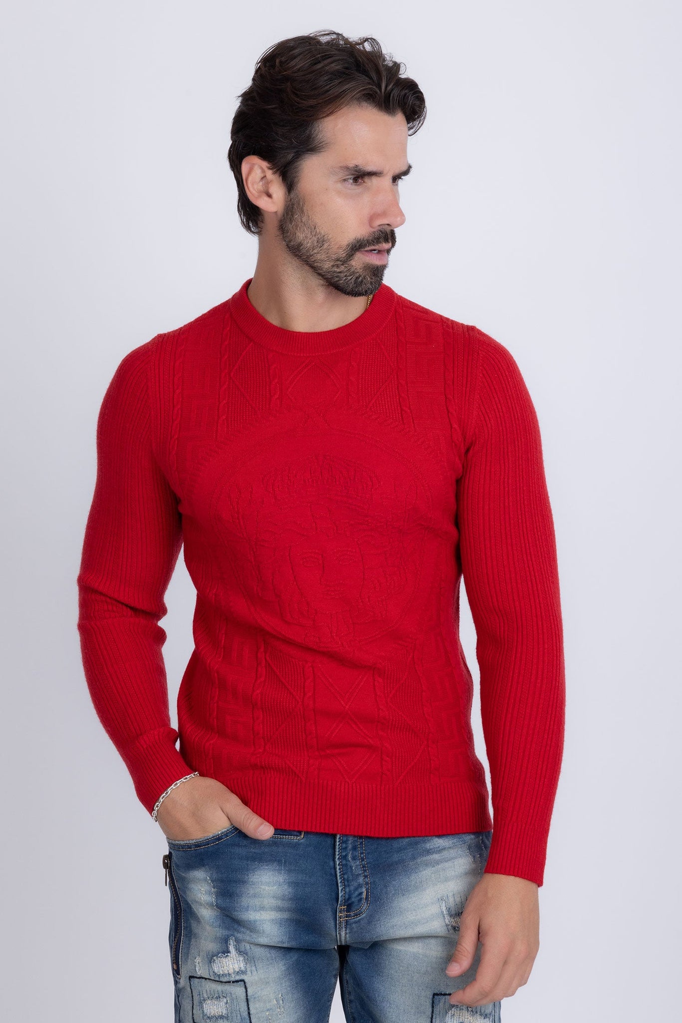 Barabas Wholesale Men's Embroidered Medusa Stretch Sweater 5PLS01 Red