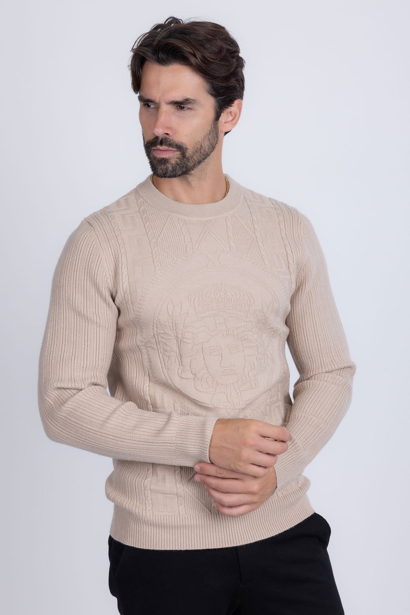 Barabas Wholesale Men's Embroidered Medusa Stretch Sweater 5PLS01 Stone