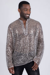 Barabas Wholesale Men's See Through Sequins V-Neck Long Sleeve Shirts 5PST01 Beige