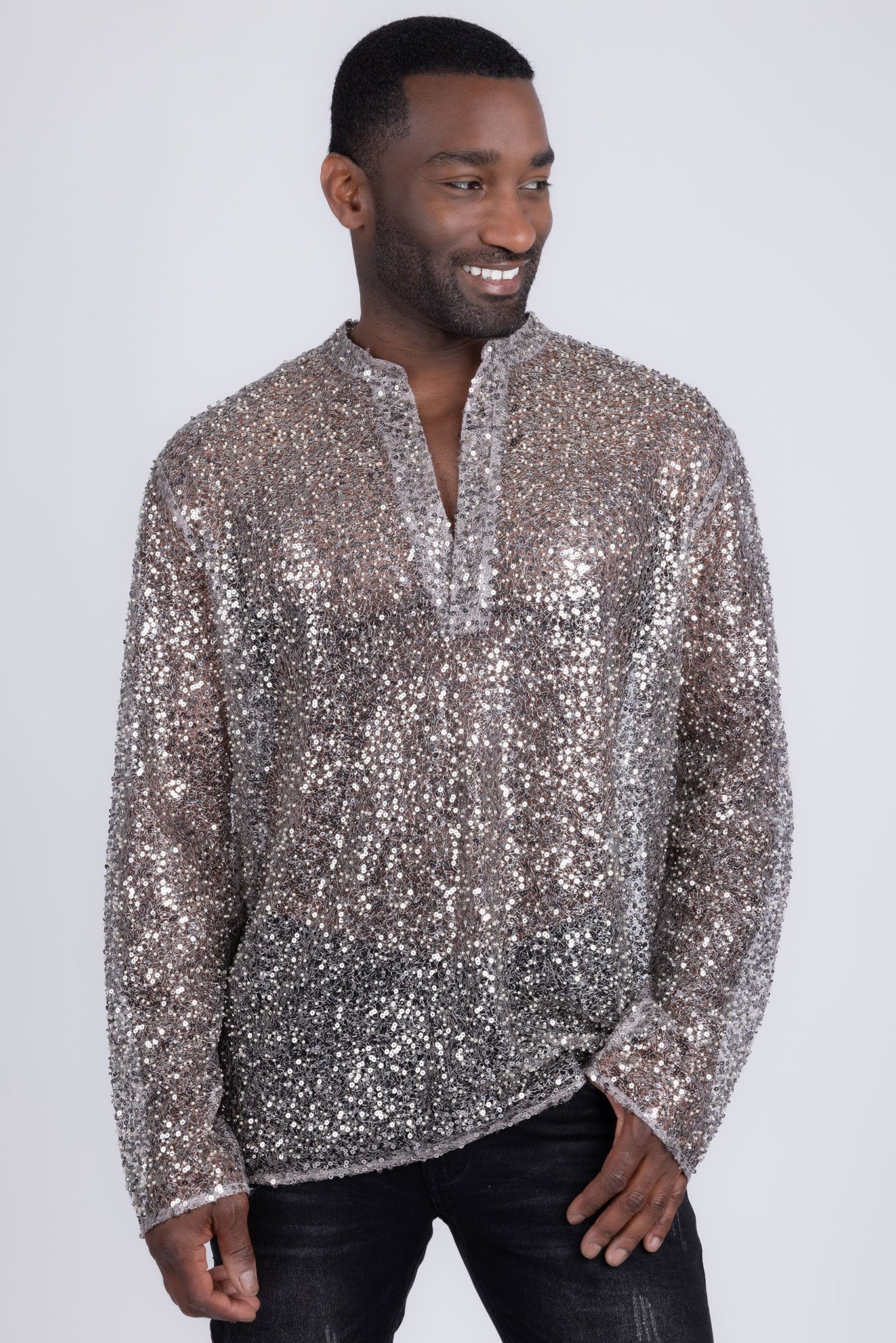 Barabas Wholesale Men's See Through Sequins V-Neck Long Sleeve Shirts 5PST01 Beige