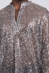 Barabas Wholesale Men's See Through Sequins V-Neck Long Sleeve Shirts 5PST01 Beige