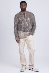 Barabas Wholesale Men's See Through Sequins V-Neck Long Sleeve Shirts 5PST01 Beige