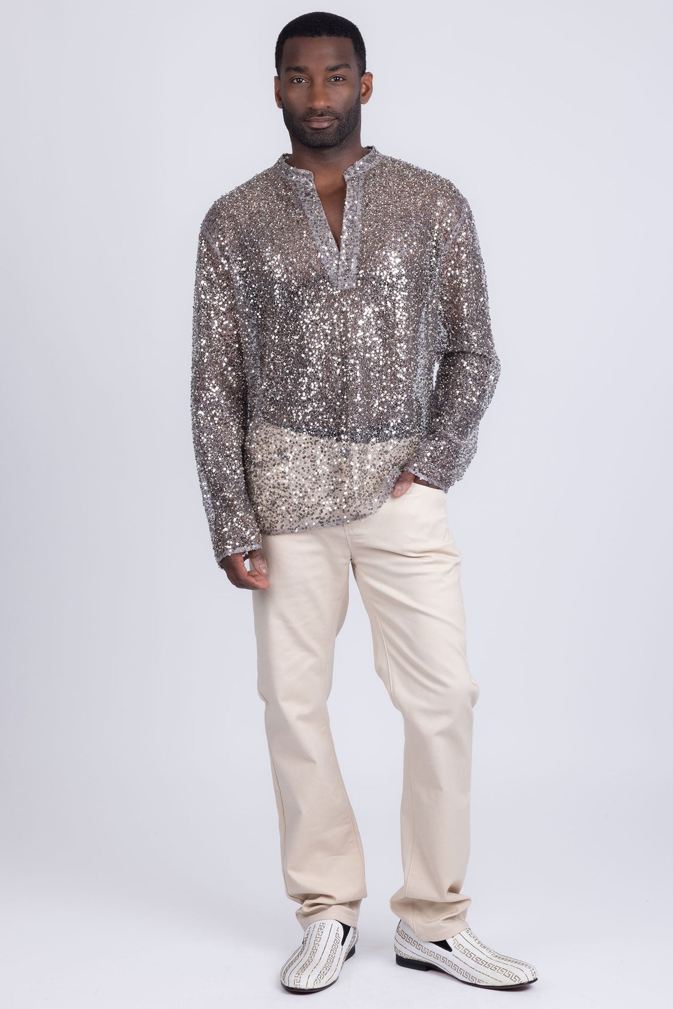 Barabas Wholesale Men's See Through Sequins V-Neck Long Sleeve Shirts 5PST01 Beige