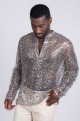 Barabas Wholesale Men's See Through Sequins V-Neck Long Sleeve Shirts 5PST01 Beige