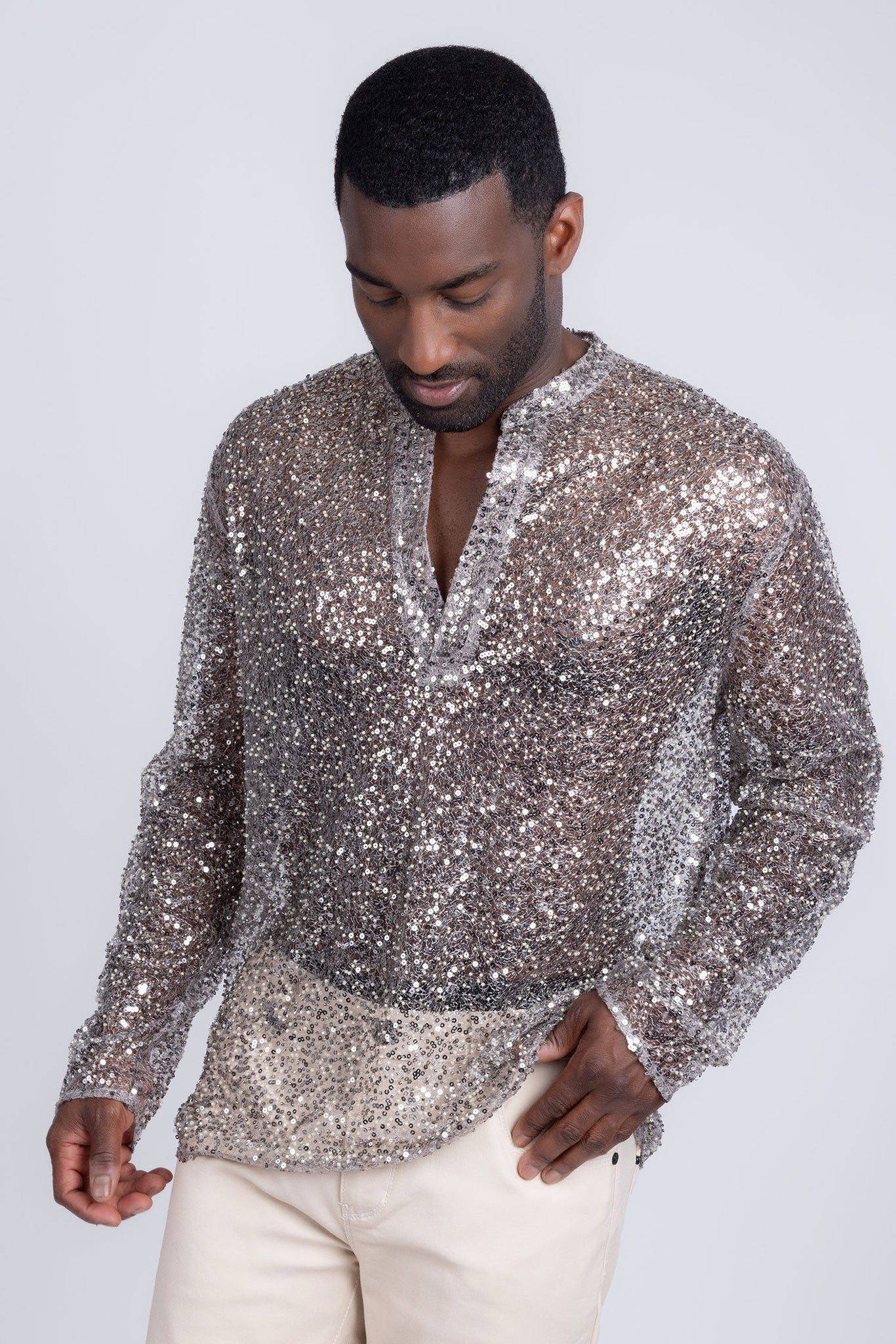 Barabas Wholesale Men's See Through Sequins V-Neck Long Sleeve Shirts 5PST01 Beige