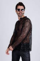 Barabas Wholesale Men's See Through Sequins V-Neck Long Sleeve Shirts 5PST01 Black