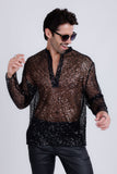 Barabas Wholesale Men's See Through Sequins V-Neck Long Sleeve Shirts 5PST01 Black