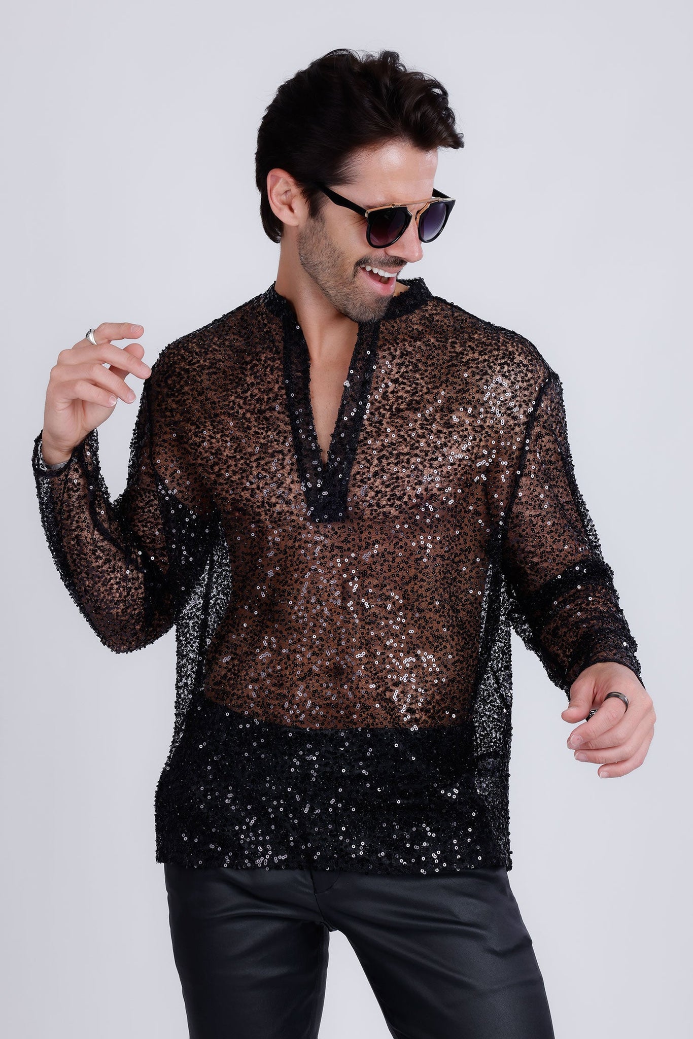 Barabas Wholesale Men's See Through Sequins V-Neck Long Sleeve Shirts 5PST01 Black