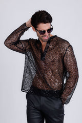 Barabas Wholesale Men's See Through Sequins V-Neck Long Sleeve Shirts 5PST01 Black