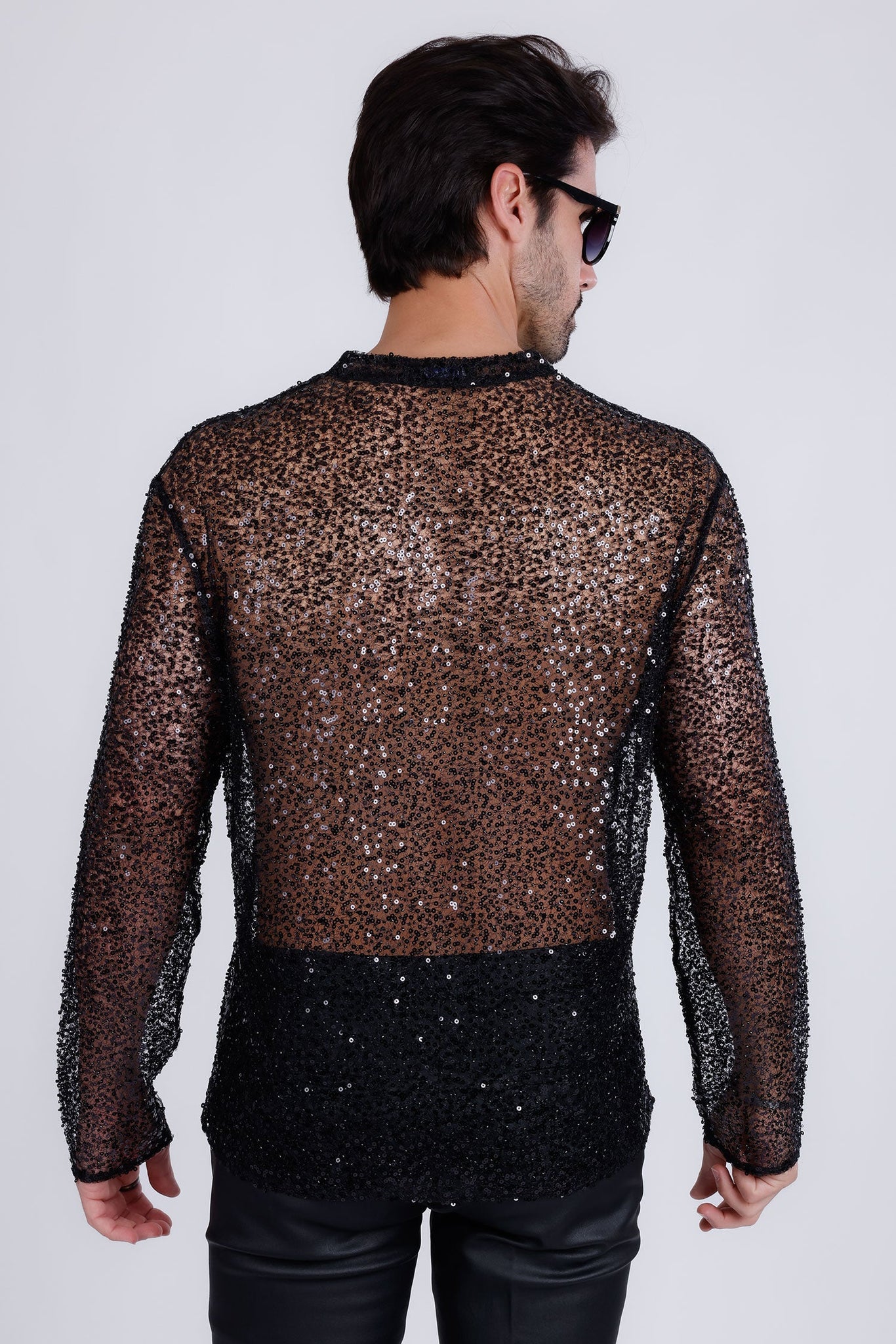 Barabas Wholesale Men's See Through Sequins V-Neck Long Sleeve Shirts 5PST01 Black