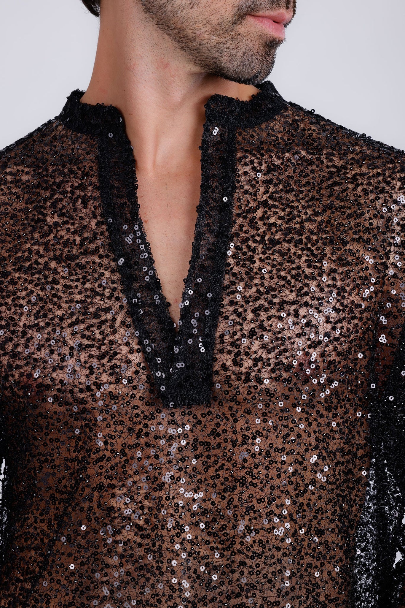 Barabas Wholesale Men's See Through Sequins V-Neck Long Sleeve Shirts 5PST01 Black