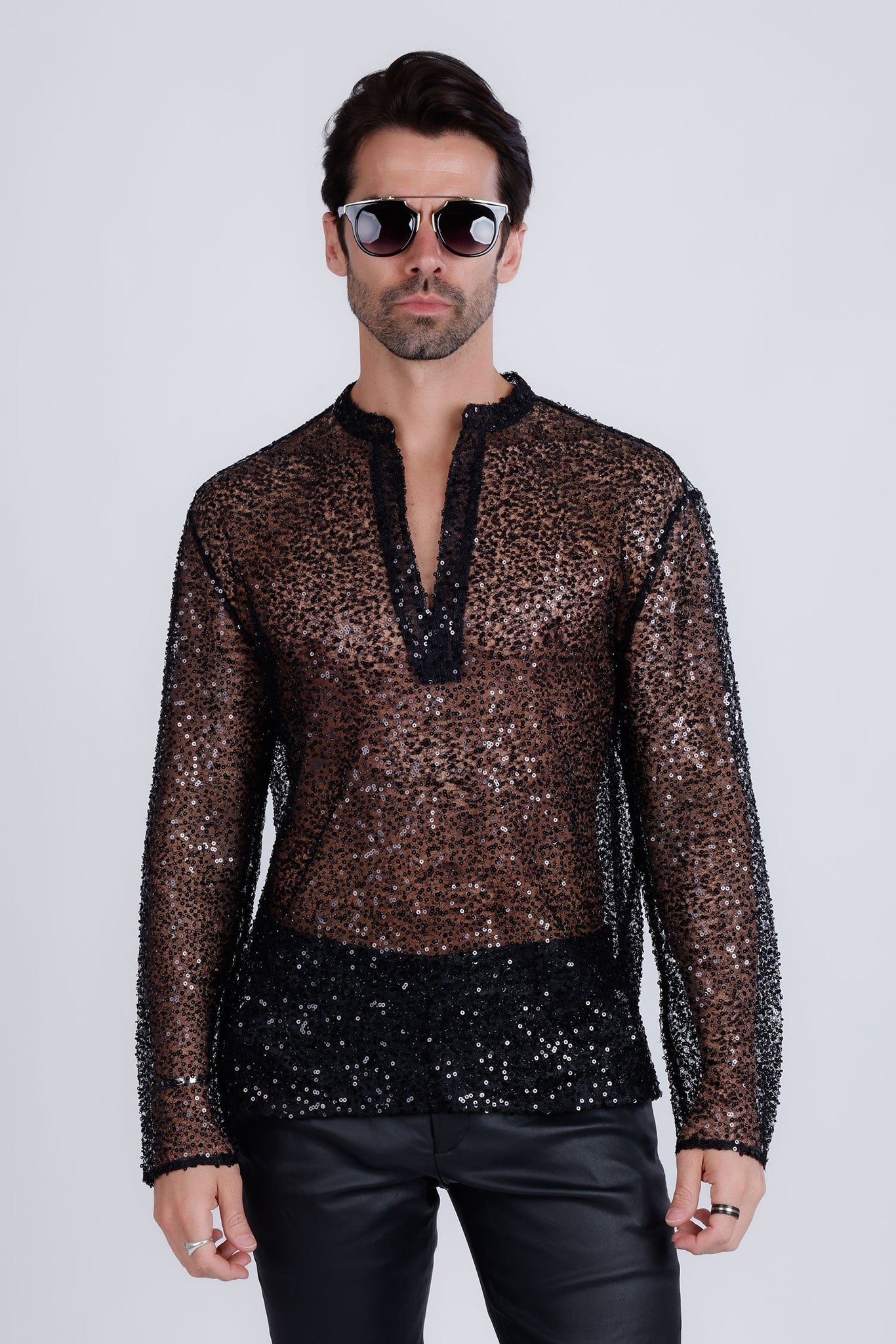 Barabas Wholesale Men's See Through Sequins V-Neck Long Sleeve Shirts 5PST01 Black